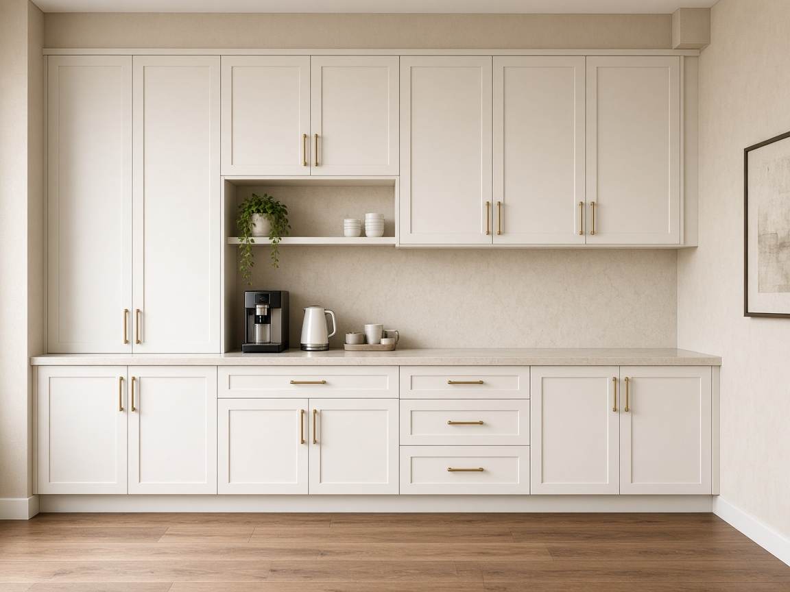 Built-in cabinets along an amenity counter