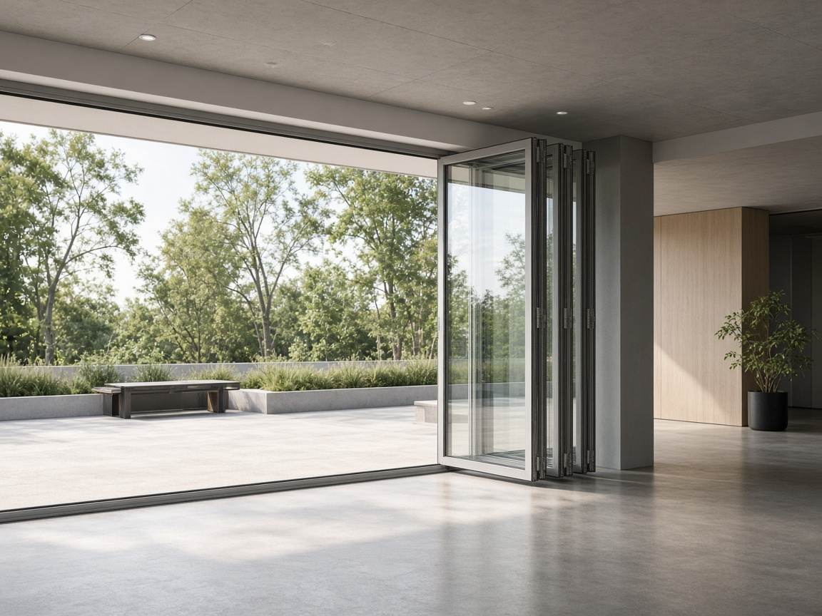 Folding aluminum window panels stacked to one side