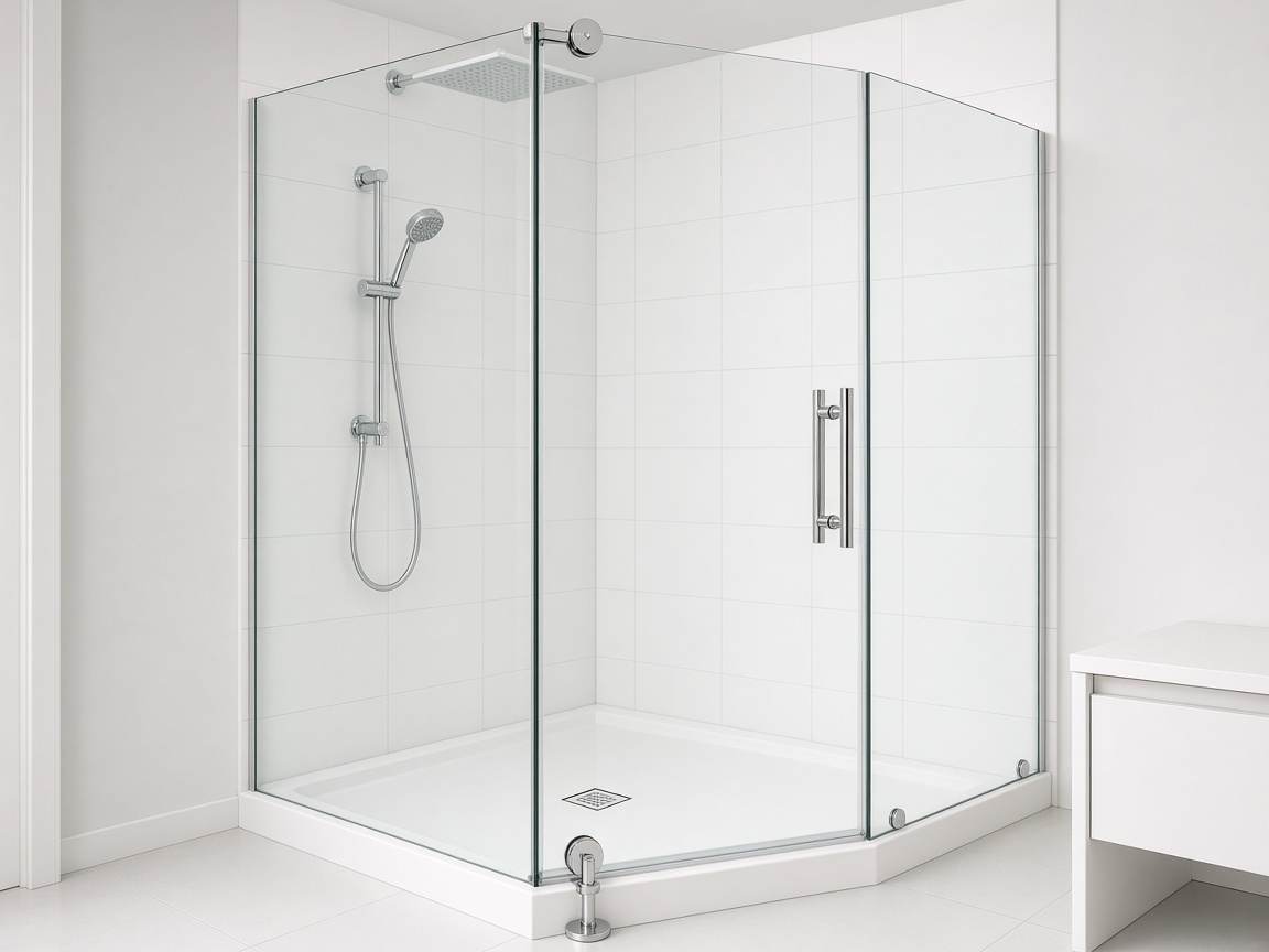 Pivot glass shower door in a corner shower