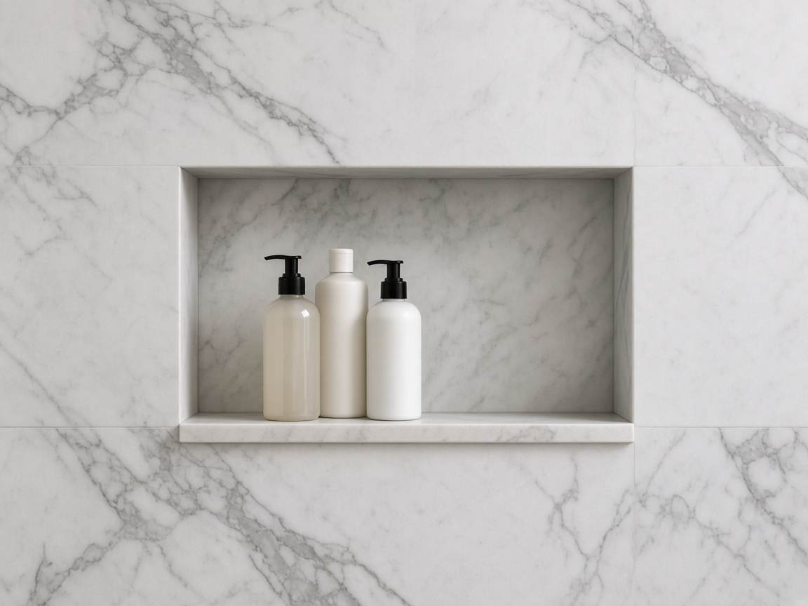 Recessed niche in a light stone shower wall